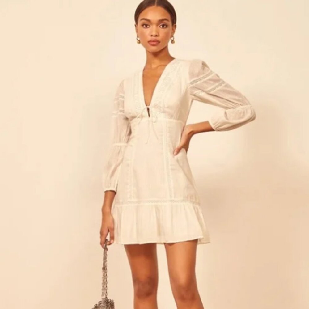 Reformation Cecille 100% Organic Cotton Long Sleeves Off White Dress Size 10